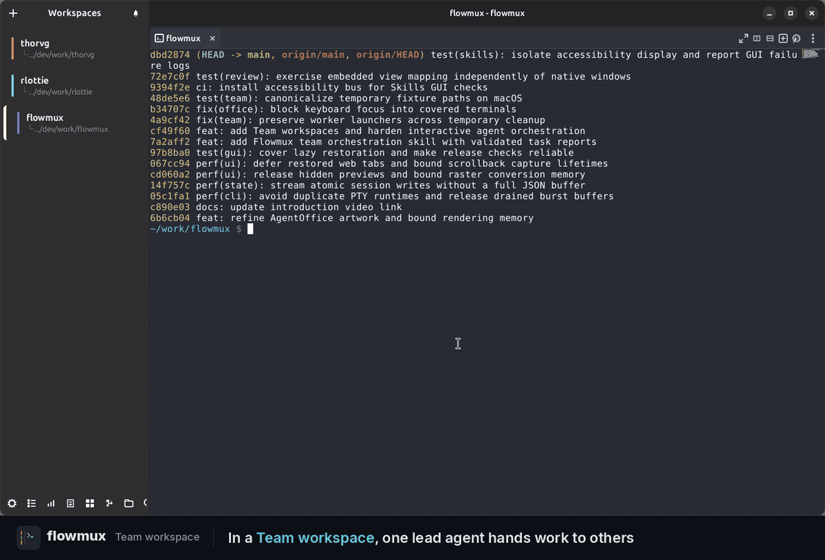 Team workspace: a lead agent delegates tasks to workers in visible split panes