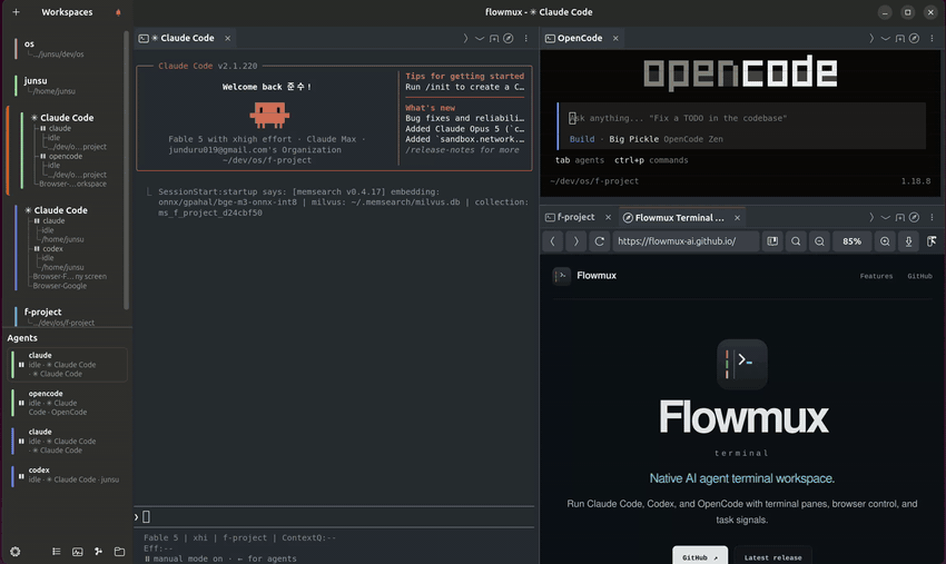 flowmux workspace with Claude Code, Codex, OpenCode, and a browser arranged in split panes